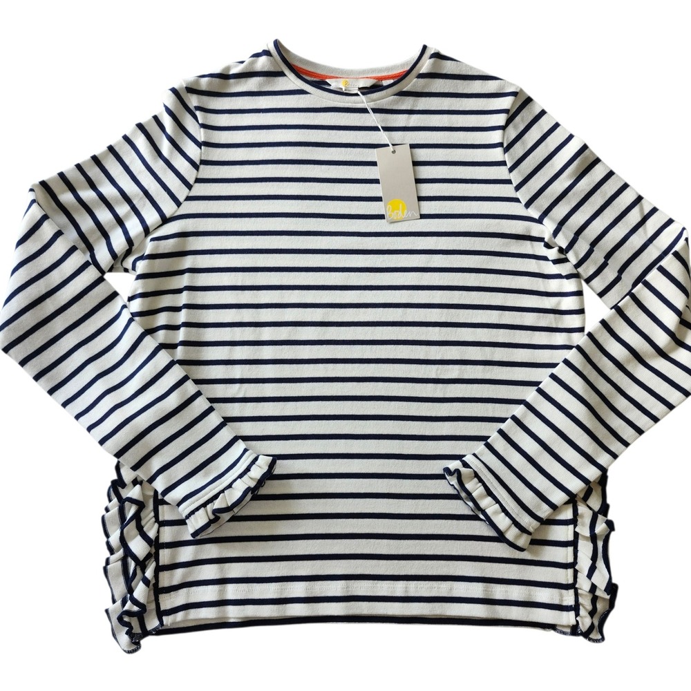 NWT Boden Frilled Ruffle side split Jersey Top Sweater blue white Striped sz 6